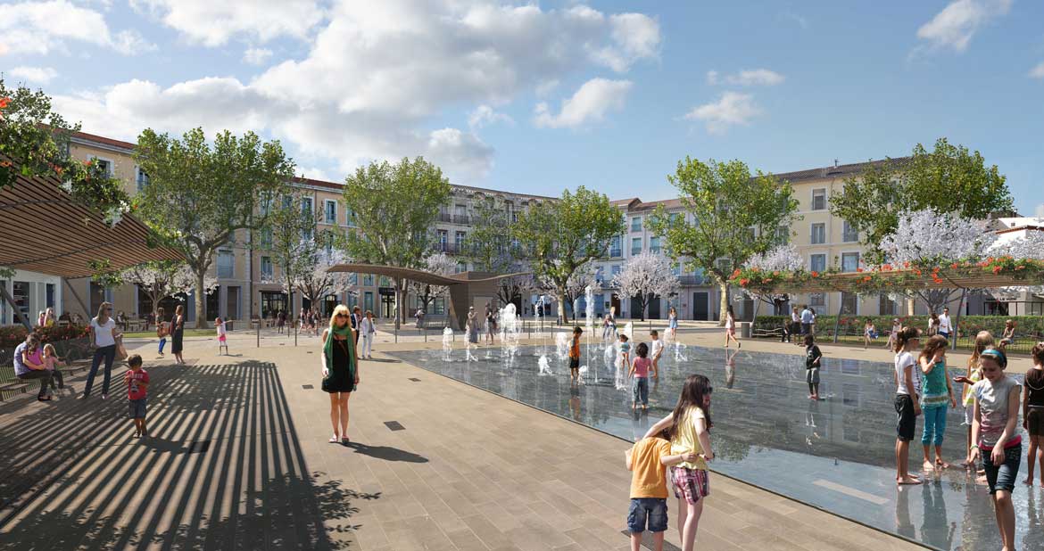 Béziers Place Jean Jaurès 3D render project water feature miror musical fountain