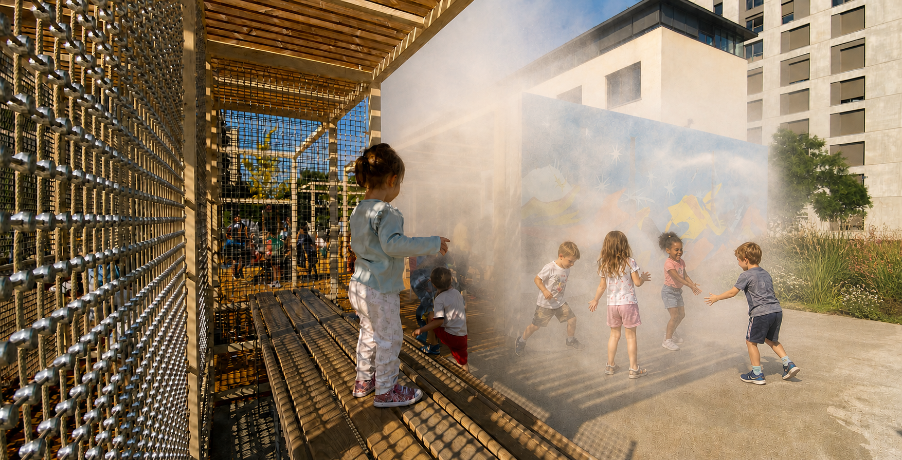 Brumisation haute pression dans un espace public