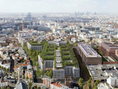 Perspective aérienne du projet de l’Hôpital universitaire Saint-Ouen Grand Paris-Nord, avec ses bâtiments et ses toitures plantées.